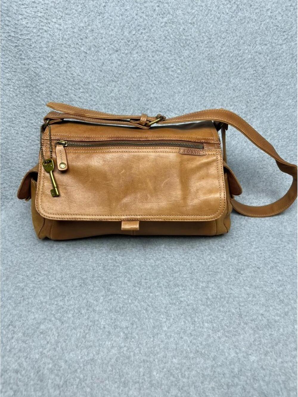Vintage Fossil Leather Shoulder Messenger Bag Tote Grunge Brown camel 90s Y2K